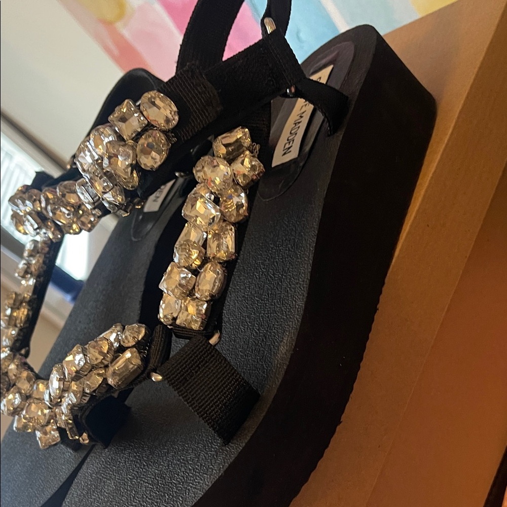 Steve Madden Black Jeweled Platform Sandals with Clear Crystals - Picture 10 of 11